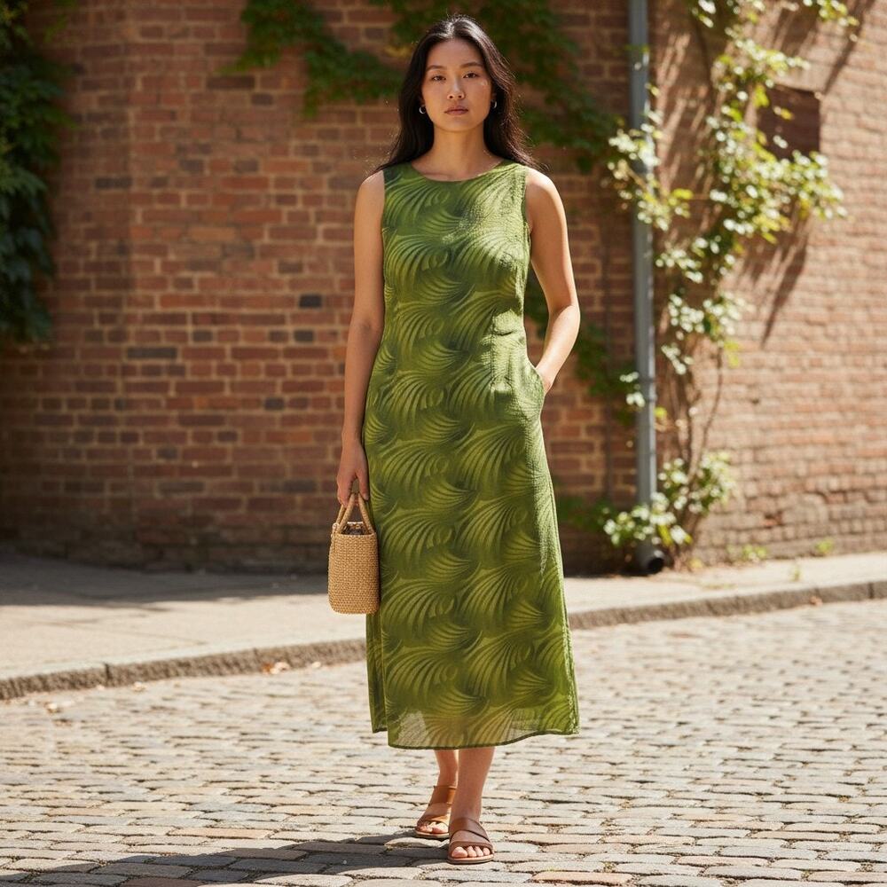 Vintage Y2K 2000s Santa Fe Green Funky Print Lined Sleeveless Midi Dress Medium
